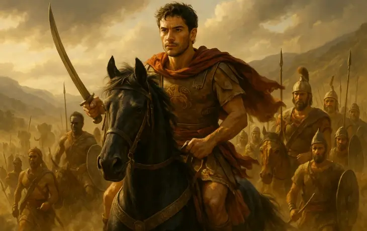 Genç Hannibal’ın süvari birliğinin başında at üzerinde ilerlediği, savaş alanında liderlik yeteneğini sergilediği sahne.